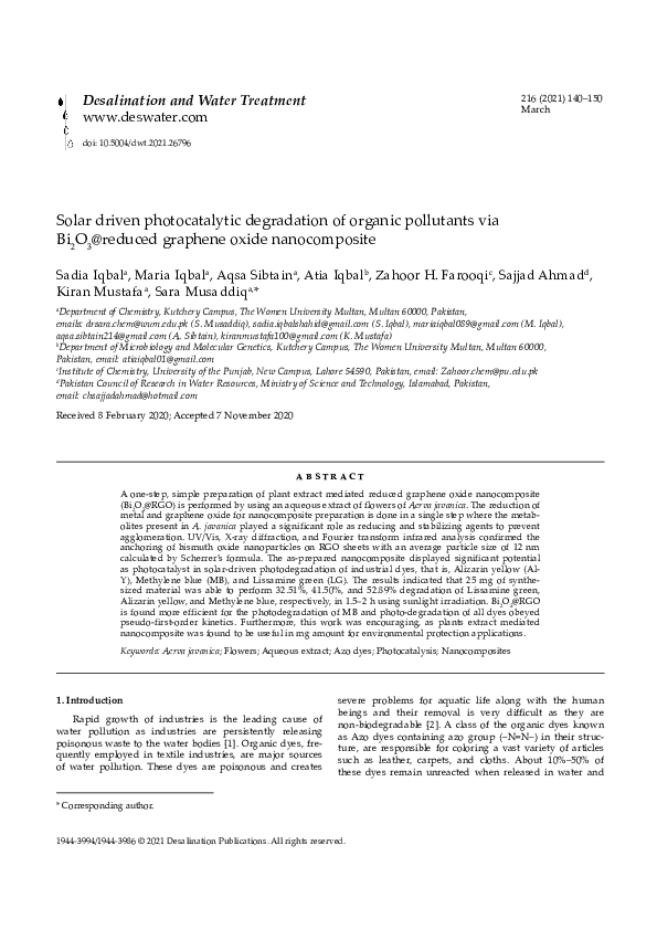 (PDF) Solar driven photocatalytic degradation of organic pollutants via ...