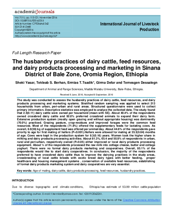 (PDF) The husbandry practices of dairy cattle, feed resources, and