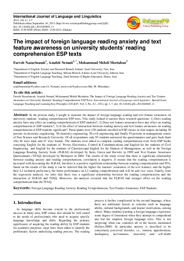 (PDF) The Impact of Foreign Language Reading Anxiety and Text Feature ...