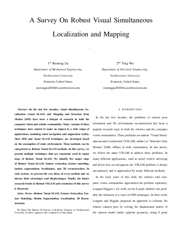 (PDF) A Survey On Robust Visual Simultaneous Localization and Mapping