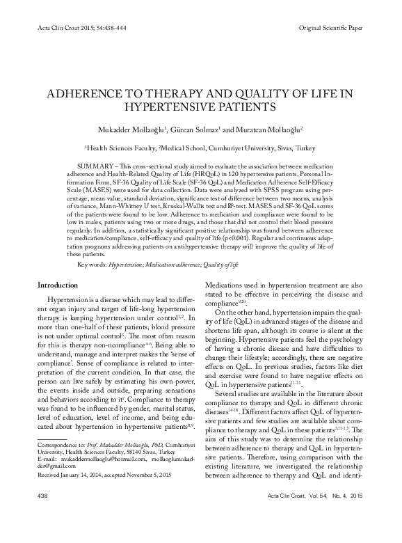 (PDF) Adherence to Therapy and Quality of Life in Hypertensive Patients