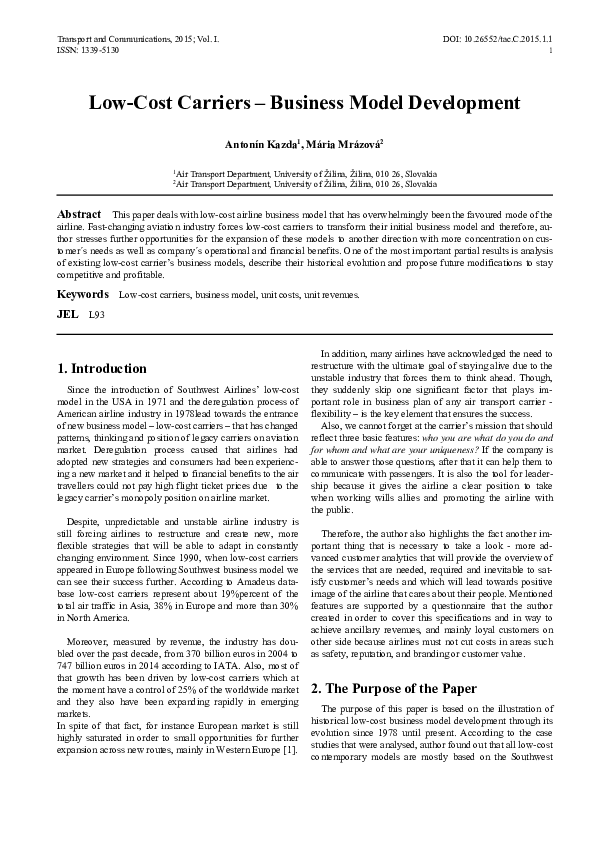 (PDF) LowCost Carriers Business Model Development Mária Mrázová