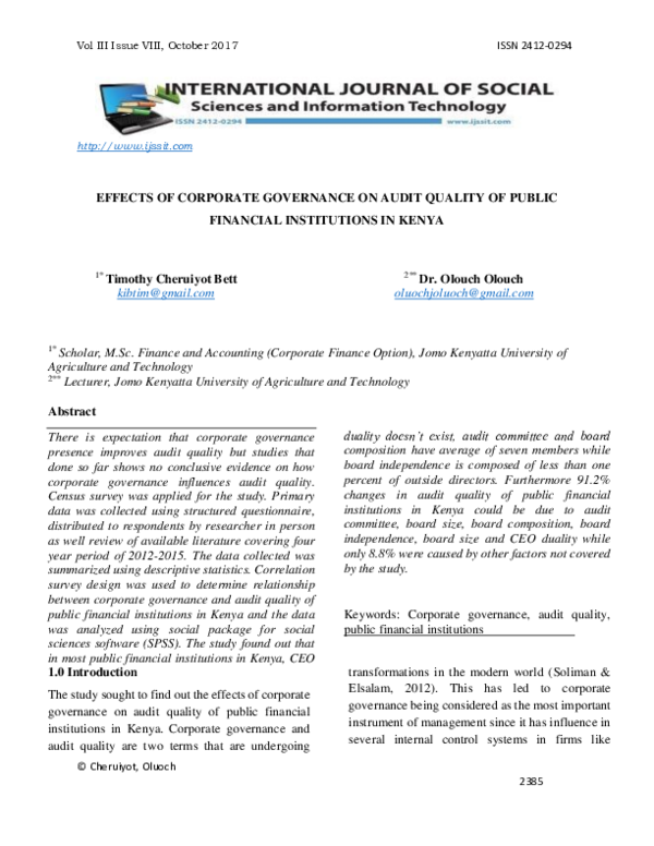 (PDF) Effects of Corporate Governance on Audit Quality of Public ...
