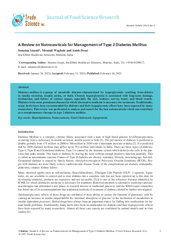 (PDF) A Review on Nutraceuticals for Management of Type 2 Diabetes Mellitus