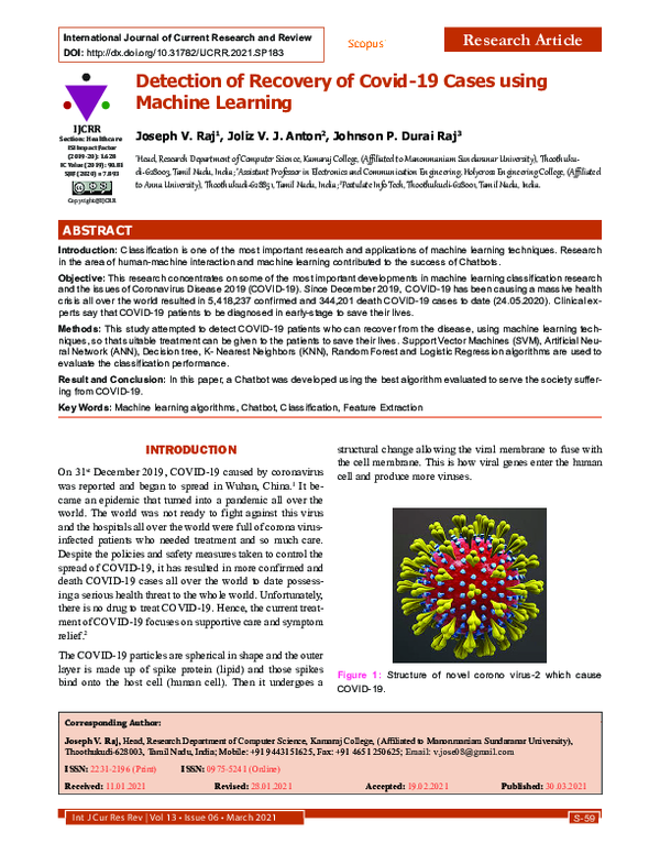(PDF) Detection of Recovery of Covid-19 Cases using Machine Learning