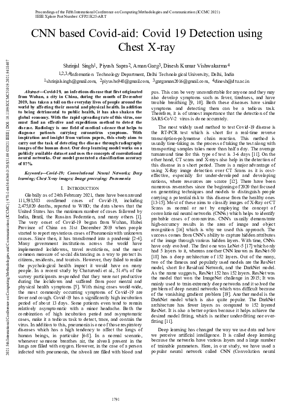 (PDF) CNN based Covid-aid: Covid 19 Detection using Chest X-ray