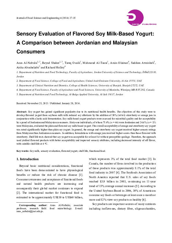(PDF) Sensory Evaluation of Flavored Soy MilkBased Yogurt A