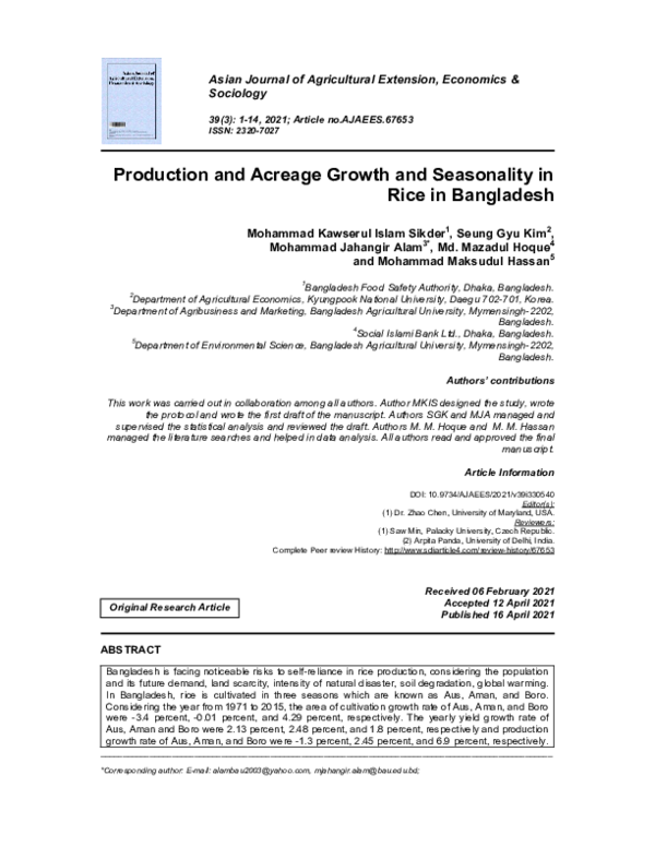 (PDF) Production and Acreage Growth and Seasonality in Rice in Bangladesh