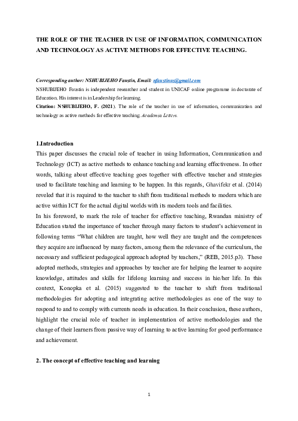 (DOC) THE ROLE OF THE TEACHER IN USE OF INFORMATION, COMMUNICATION AND ...