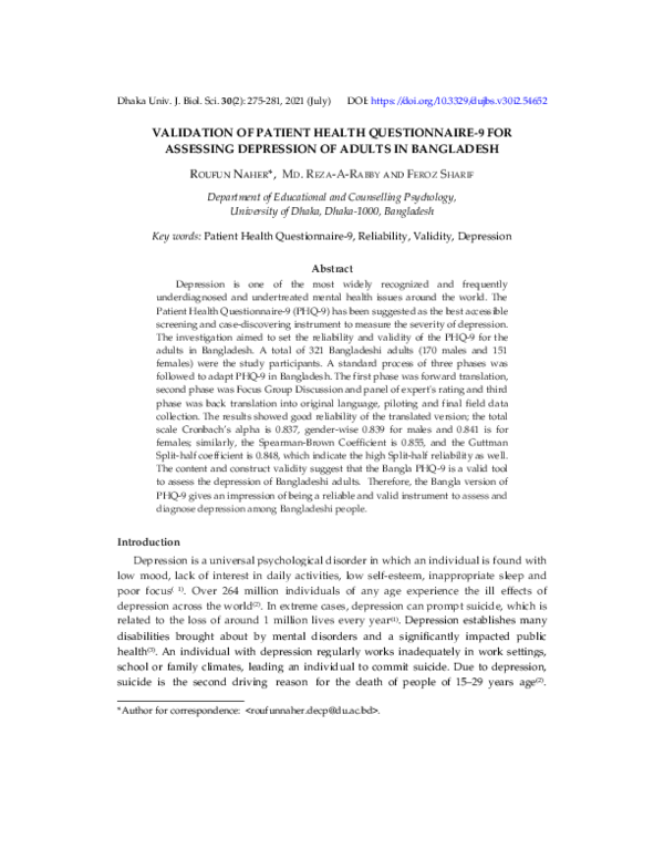 (PDF) Validation of patient health questionnaire-9 for assessing ...