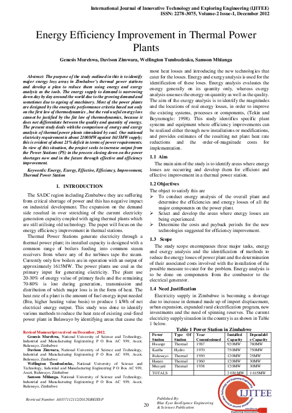 (PDF) Energy Efficiency Improvement in Thermal Power Plants