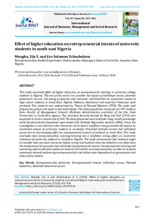 (PDF) Effect of higher education on entrepreneurial intents of ...
