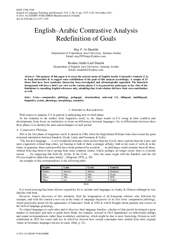 (PDF) English Arabic Contrastive Analysis Redefinition of Goals