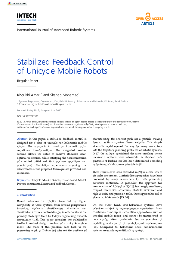 (PDF) Stabilized Feedback Control of Unicycle Mobile Robots