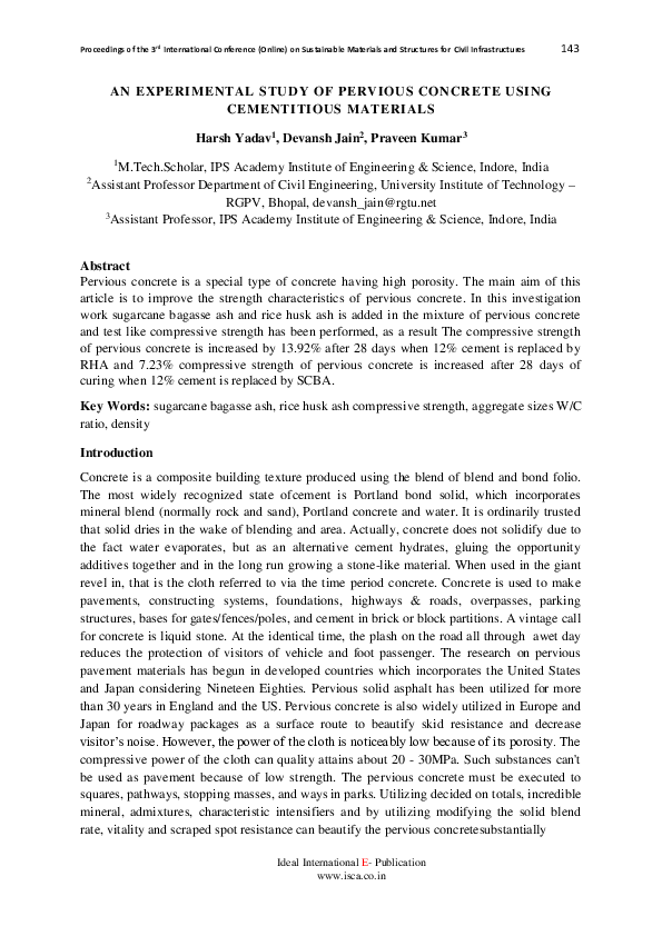 (PDF) AN EXPERIMENTAL STUDY OF PERVIOUS CONCRETE USING CEMENTITIOUS ...
