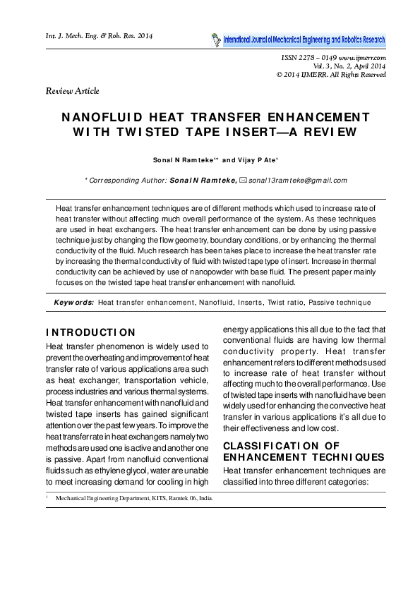 (PDF) Nanofluid Heat Transfer Enhancement with Twisted Tape Insert—A Review