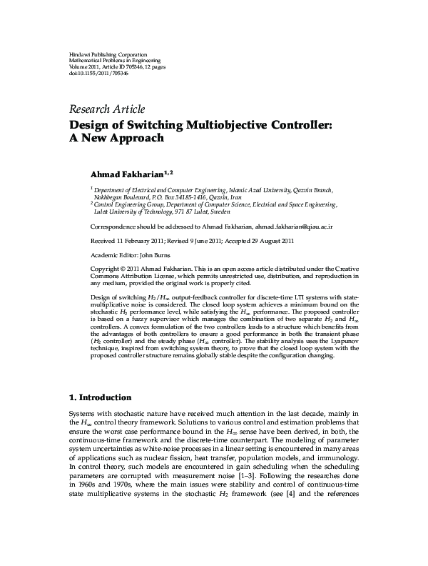 (PDF) Design of Switching Multiobjective Controller: A New Approach