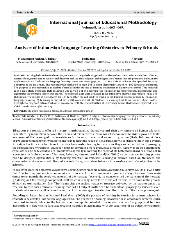 (PDF) Analysis of Indonesian Language Learning Obstacles in Primary Schools