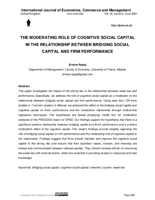 (PDF) THE MODERATING ROLE OF COGNITIVE SOCIAL CAPITAL IN THE ...