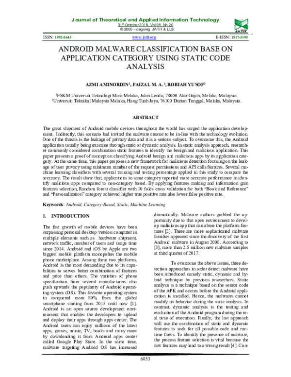 (PDF) Android Malware Classification Base on Application Category Using ...
