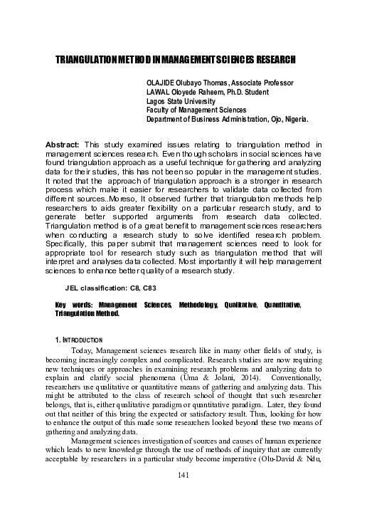 (PDF) Triangulation Method in Management Sciences Research