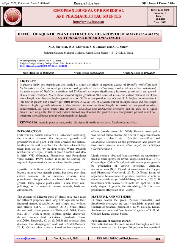 (PDF) EFFECT OF AQUATIC PLANT EXTRACT ON THE GROWTH OF MAIZE (ZEA MAYS ...