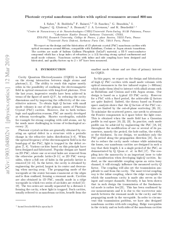 (PDF) Photonic crystal nanobeam cavities with optical resonances around ...