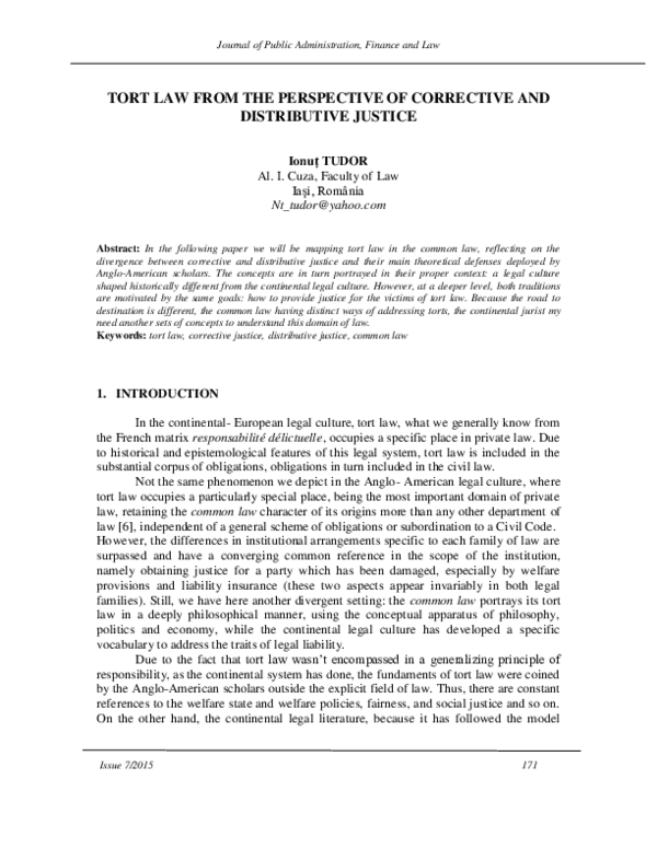 (PDF) Tort Law from the Perspective of Corrective and Distributive Justice Ionut Tudor