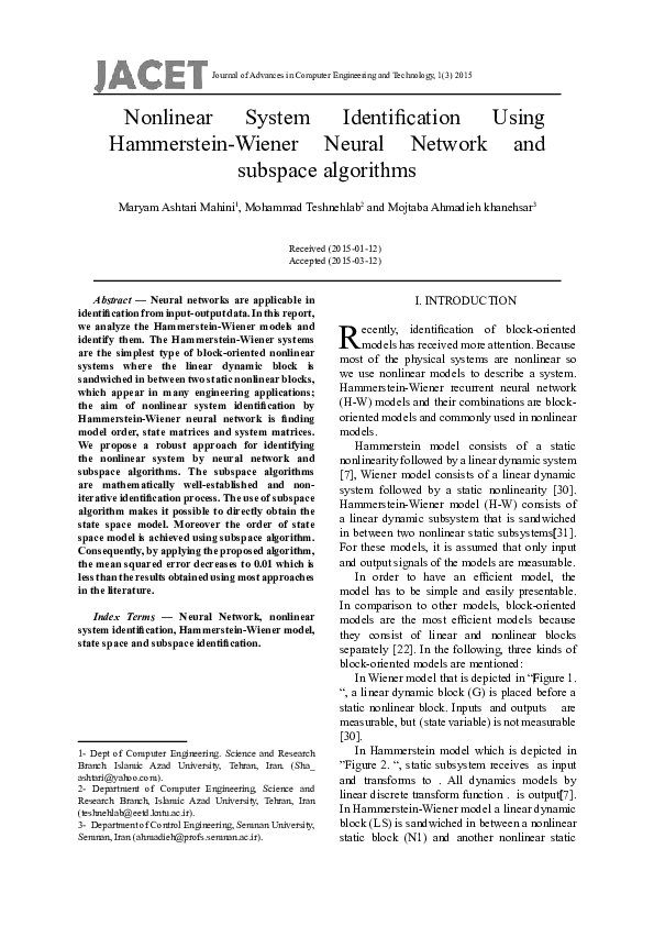 (PDF) Nonlinear System Identification Using Hammerstein-Wiener Neural ...