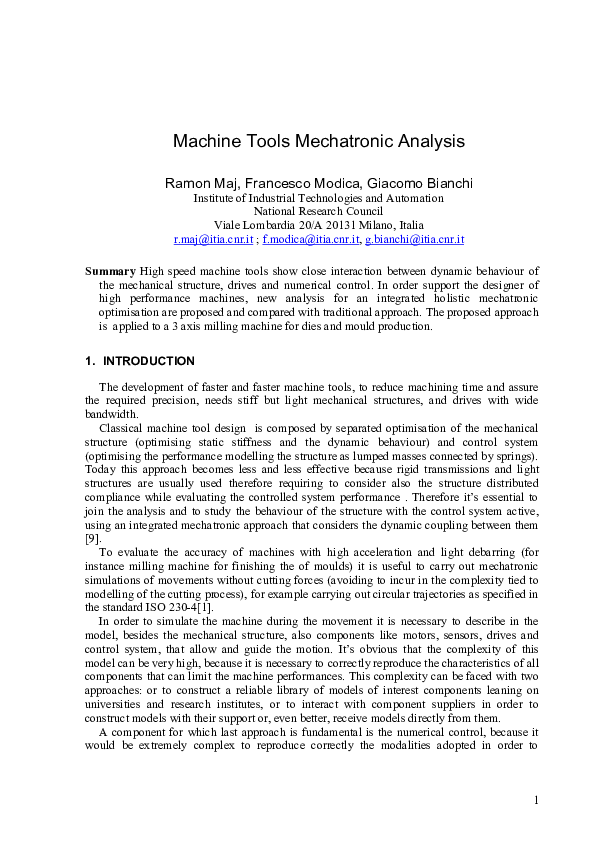 (PDF) Machine Tools Mechatronic Analysis