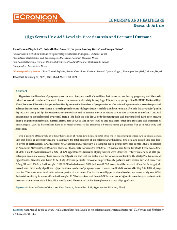(PDF) High Serum Uric Acid Levels in Preeclampsia and Perinatal Outcome