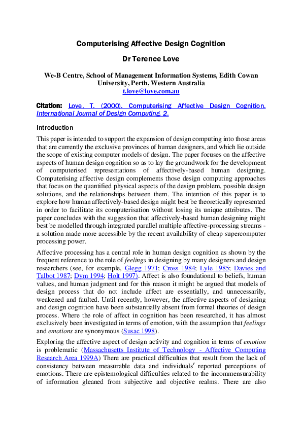 (PDF) Computerising Affective Design Cognition