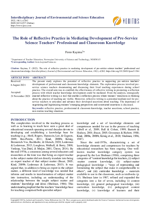 (PDF) The Role of Reflective Practice in Mediating Development of Pre ...