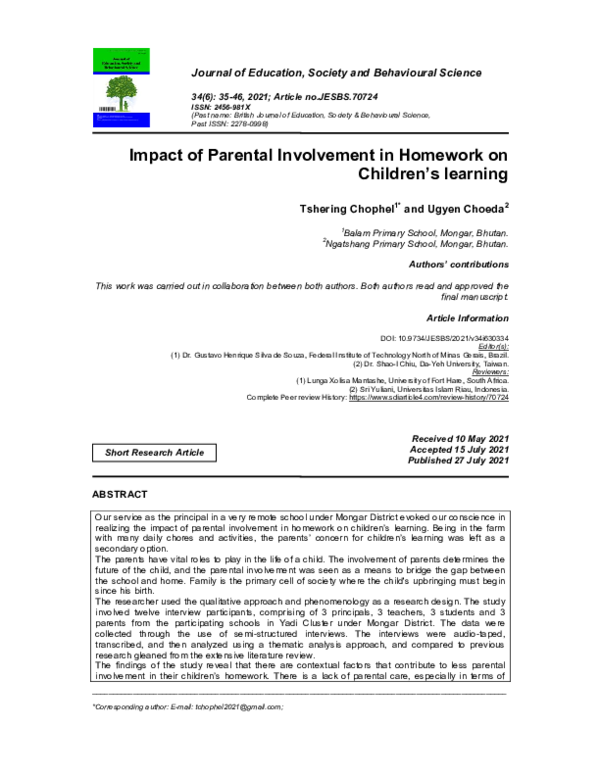 (PDF) Impact of Parental Involvement in Homework on Children’s learning