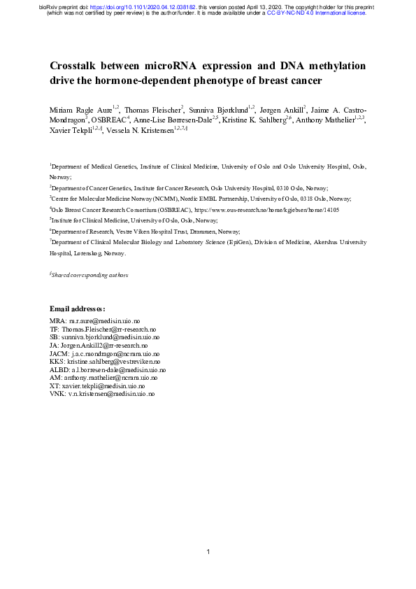 (PDF) Crosstalk between microRNA expression and DNA methylation drive ...