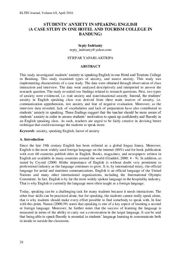 (PDF) Students’ Anxiety in Speaking English (A Case Study in One Hotel ...