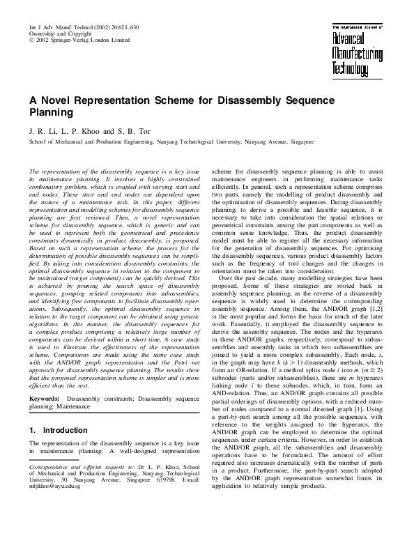 (PDF) A Novel Representation Scheme for Disassembly Sequence Planning