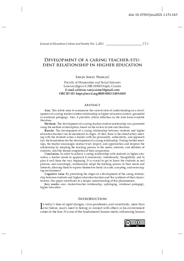 (PDF) Development of a caring teacher-student realationship in higher ...