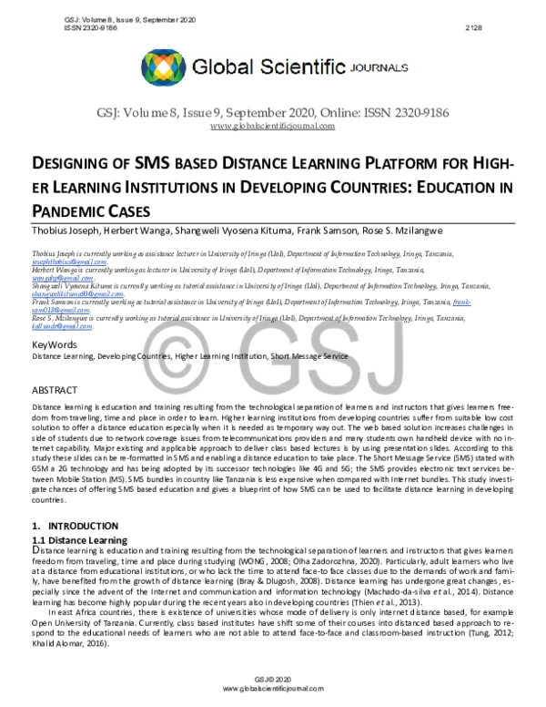 (PDF) DESIGNING OF SMS BASED DISTANCE LEARNING PLATFORM FOR HIGH-ER ...