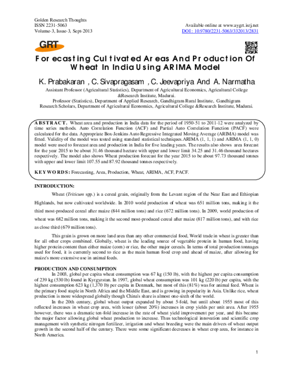 (PDF) Forecasting Cultivated Areas And Production Of Wheat In India ...