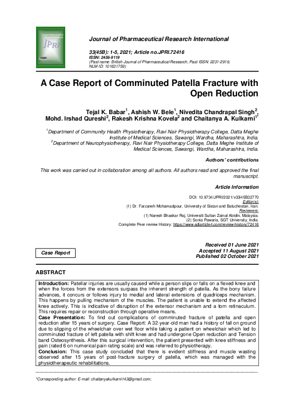 (PDF) A Case Report of Comminuted Patella Fracture with Open Reduction