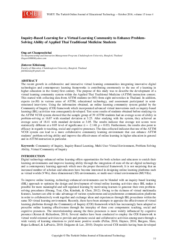 (PDF) Inquiry-Based Learning for a Virtual Learning Community to ...