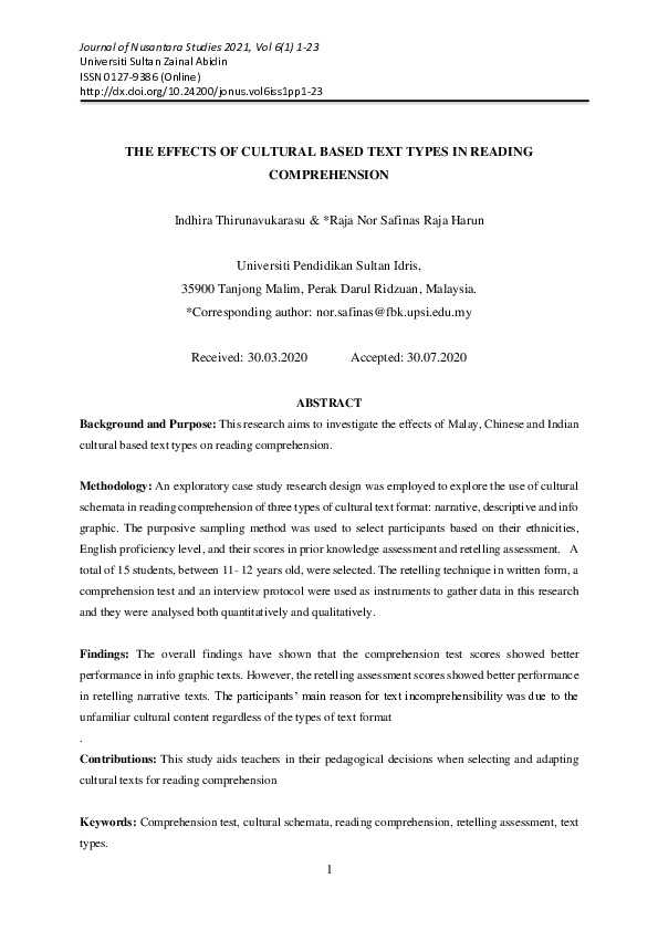 (PDF) The Effects of Cultural Based Text Types in Reading Comprehension