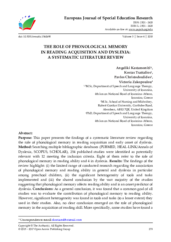 (PDF) The Role of Phonological Memory in Reading Acquisition and ...
