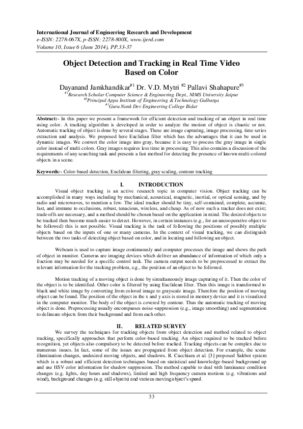 (PDF) Object Detection and Tracking in Real Time Video Based on Color