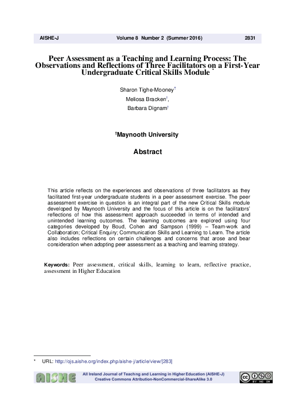 (PDF) Peer Assessment as a Teaching and Learning Process: The ...