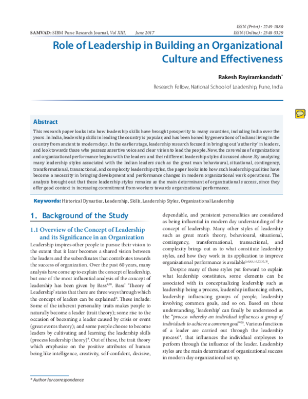 (PDF) Role of Leadership in Building an Organizational Culture and ...