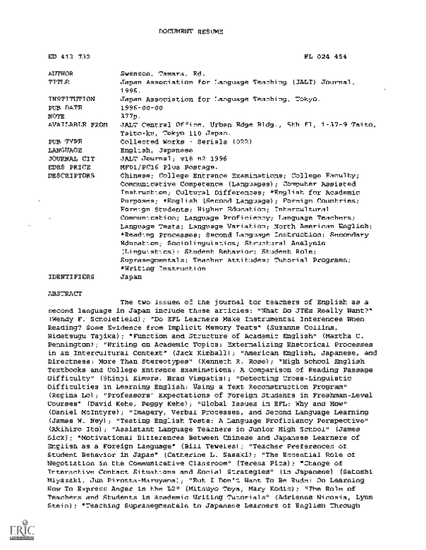 PDF) Japan Association for Language Teaching (JALT) Journal, 1996