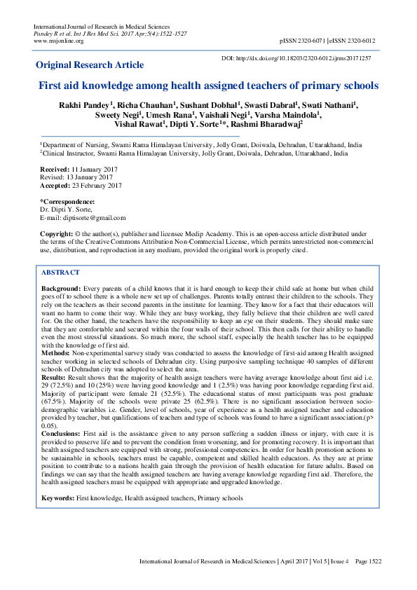 (PDF) First aid knowledge among health assigned teachers of primary schools