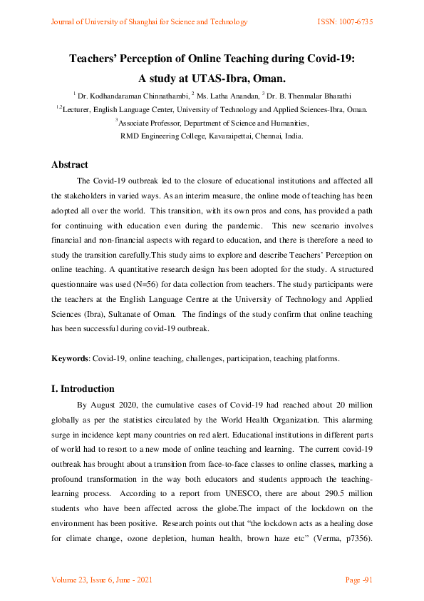 (PDF) Teachers’ Perception of Online Teaching during Covid-19: A study ...